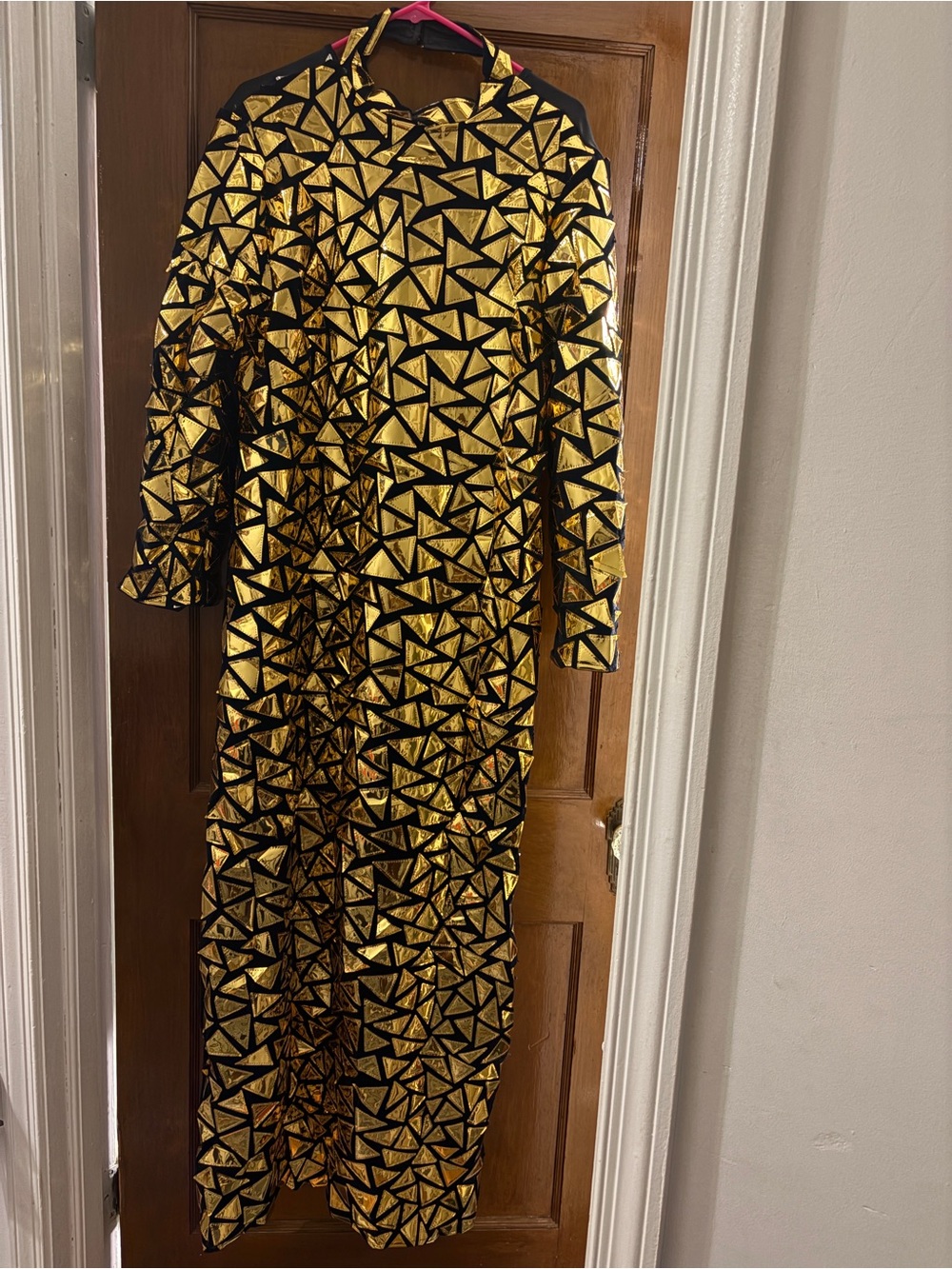 Metallic Gold Geometric Maxi Dress with Long Sleeves